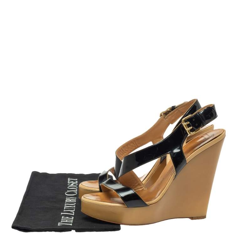 Pre Owned Giuseppe Zanotti Black Patent Leather Lucite Wedge Heels Sandals Size 38