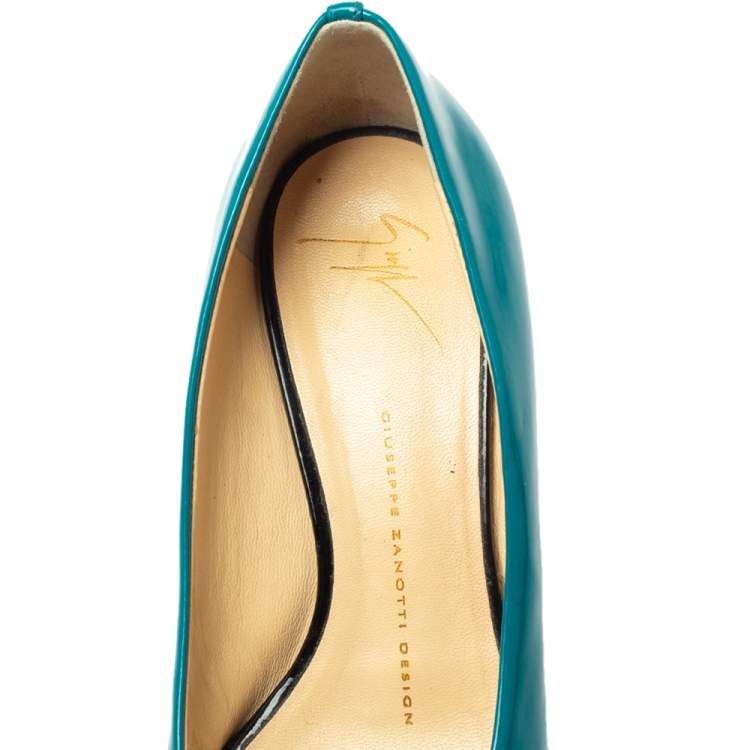 Pre Owned Giuseppe Zanotti  Pine Green Patent Leather Peep Toe Wedge Pumps Size 38