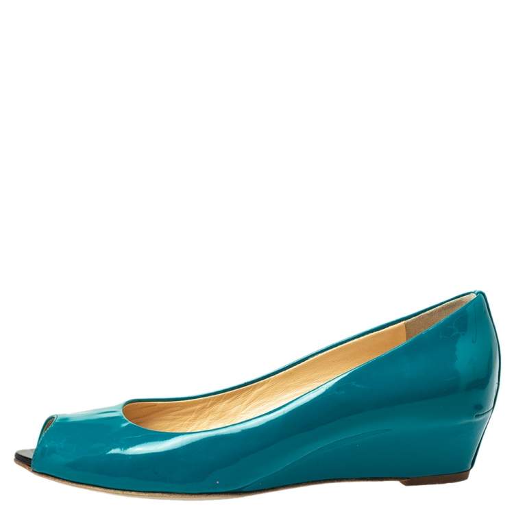 Pre Owned Giuseppe Zanotti  Pine Green Patent Leather Peep Toe Wedge Pumps Size 38