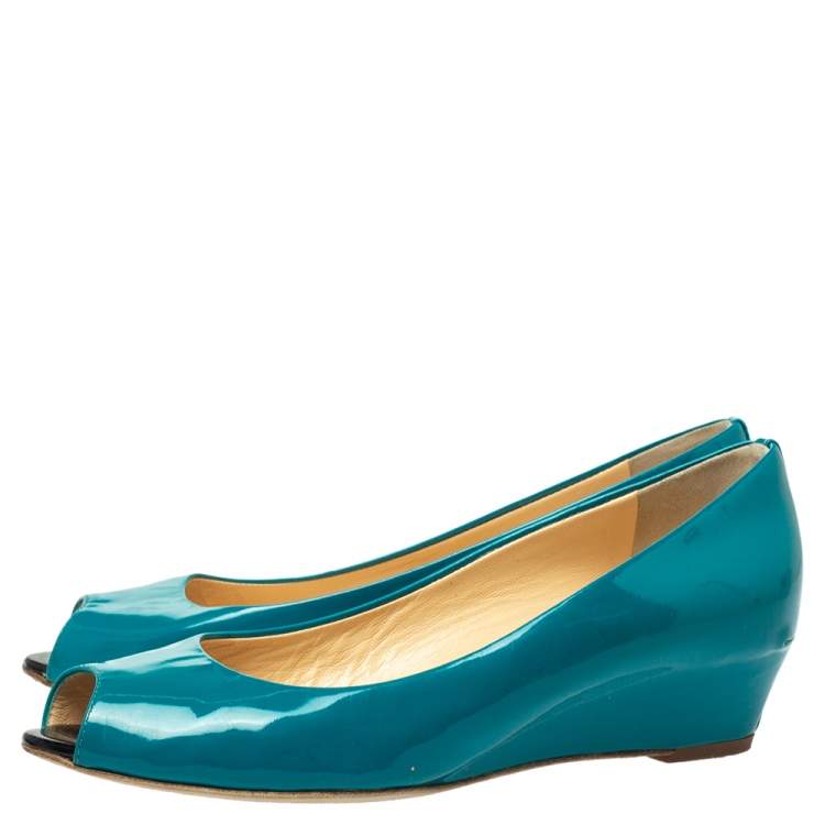 Pre Owned Giuseppe Zanotti  Pine Green Patent Leather Peep Toe Wedge Pumps Size 38