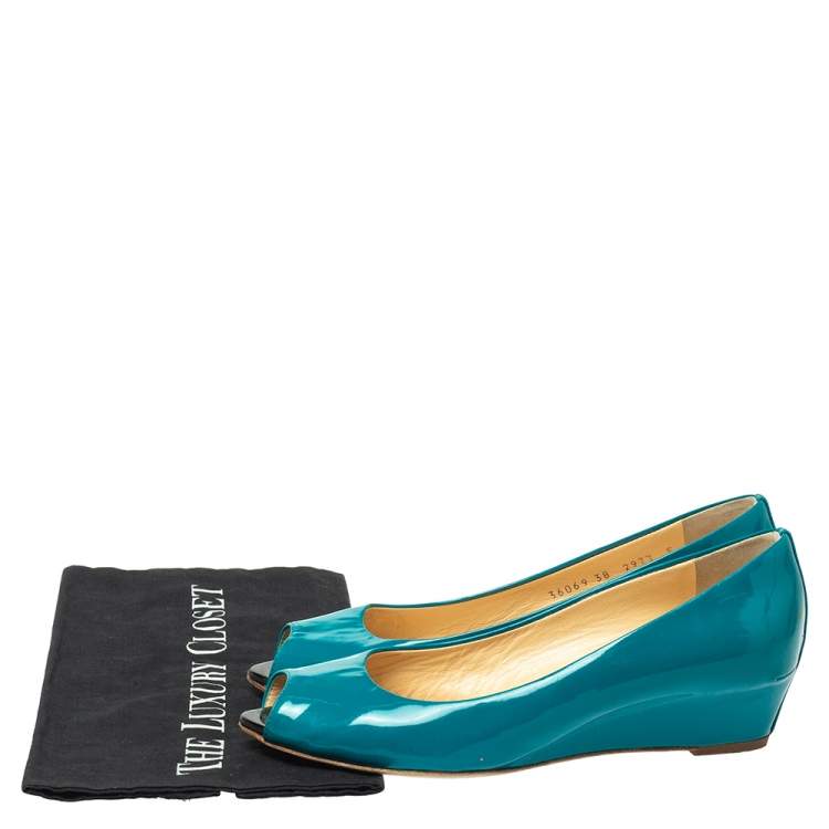 Pre Owned Giuseppe Zanotti  Pine Green Patent Leather Peep Toe Wedge Pumps Size 38
