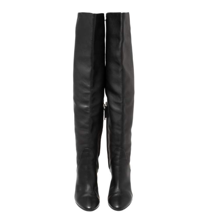 Pre Owned Giuseppe Zanotti Black Leather Knee Length Block Heel Boots Size 37