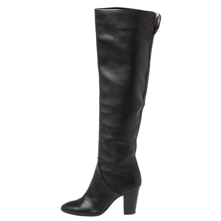 Pre Owned Giuseppe Zanotti Black Leather Knee Length Block Heel Boots Size 37