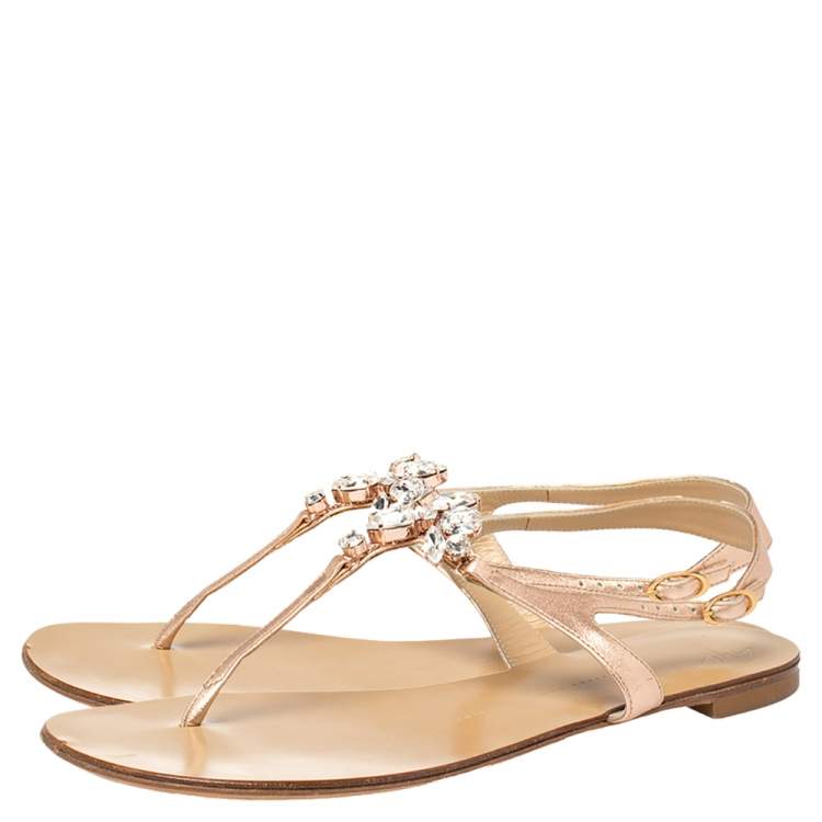 Pre Owned Giuseppe Zanotti Rose Gold Leather T Strap Crystal Embellish Flat Sandals Size 41