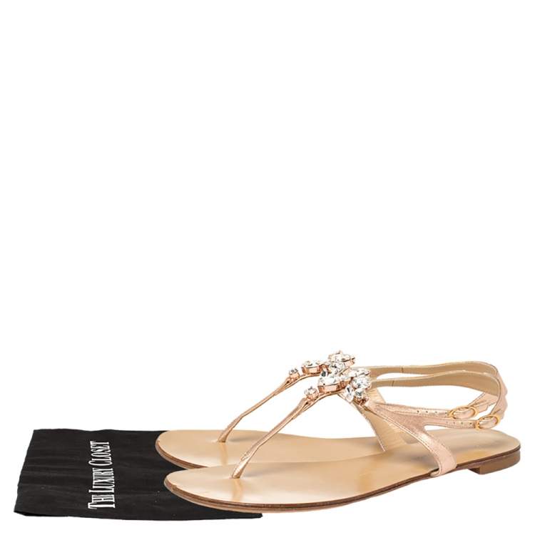 Pre Owned Giuseppe Zanotti Rose Gold Leather T Strap Crystal Embellish Flat Sandals Size 41
