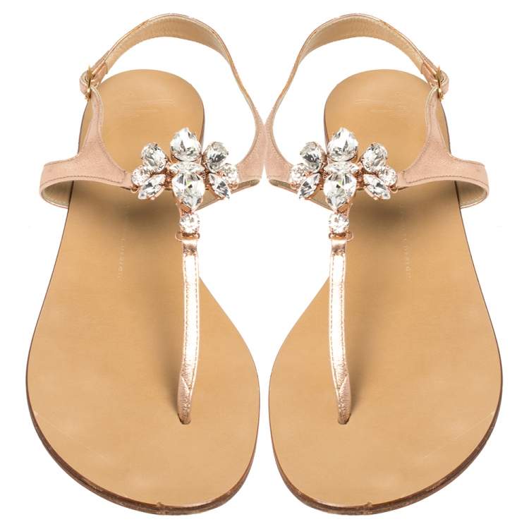Pre Owned Giuseppe Zanotti Rose Gold Leather T Strap Crystal Embellish Flat Sandals Size 41