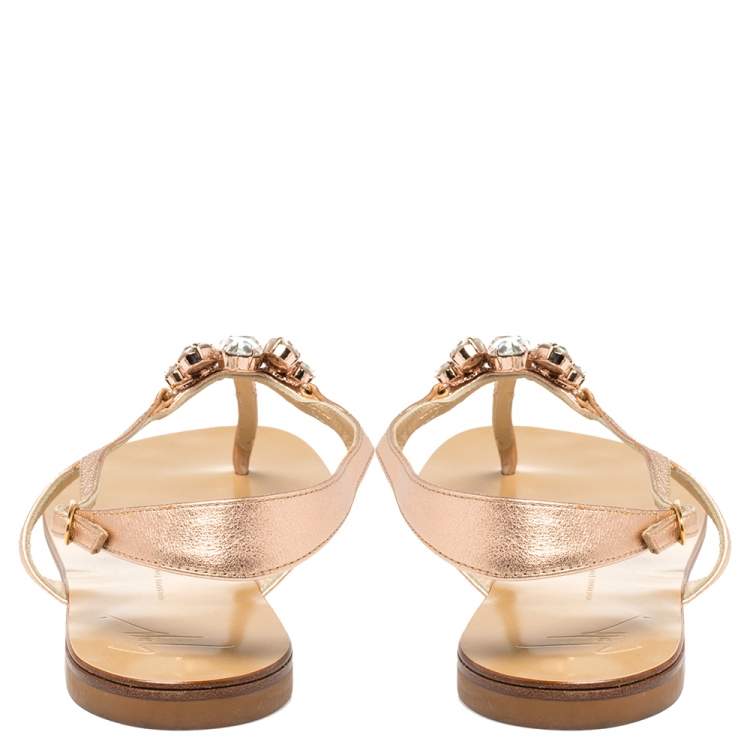Pre Owned Giuseppe Zanotti Rose Gold Leather T Strap Crystal Embellish Flat Sandals Size 41