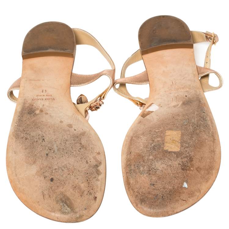 Pre Owned Giuseppe Zanotti Rose Gold Leather T Strap Crystal Embellish Flat Sandals Size 41