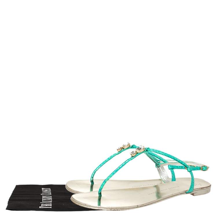 Pre Owned Giuseppe Zanotti Green Metallic Iridescent Leather T-Strap  Embellished Sandals Size 41