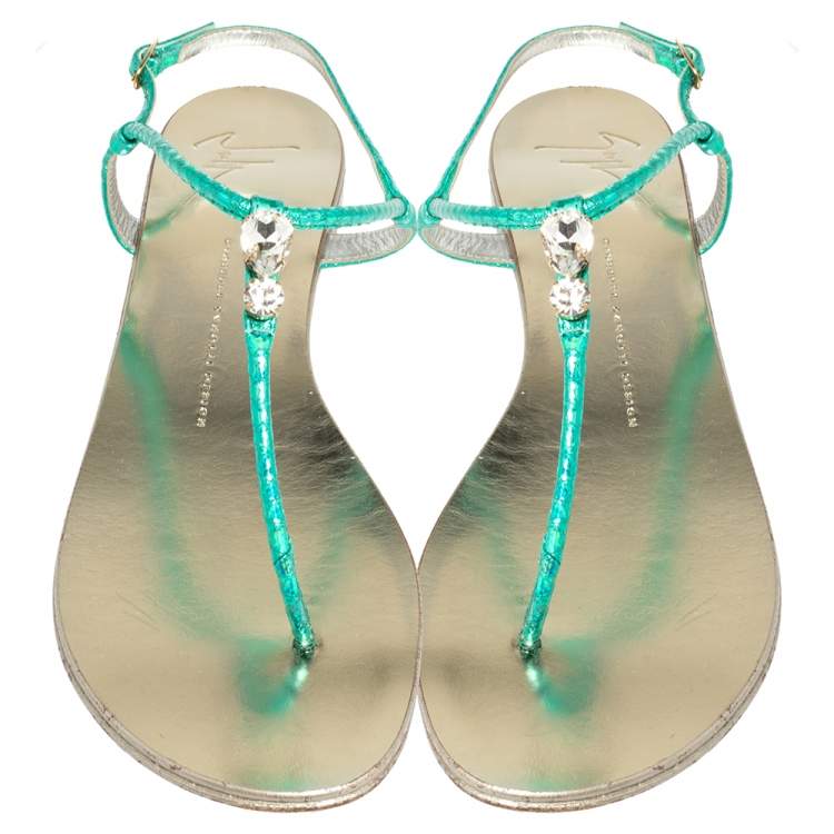 Pre Owned Giuseppe Zanotti Green Metallic Iridescent Leather T-Strap  Embellished Sandals Size 41