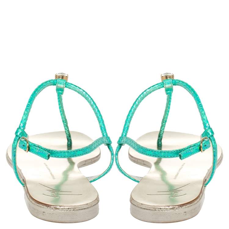 Pre Owned Giuseppe Zanotti Green Metallic Iridescent Leather T-Strap  Embellished Sandals Size 41