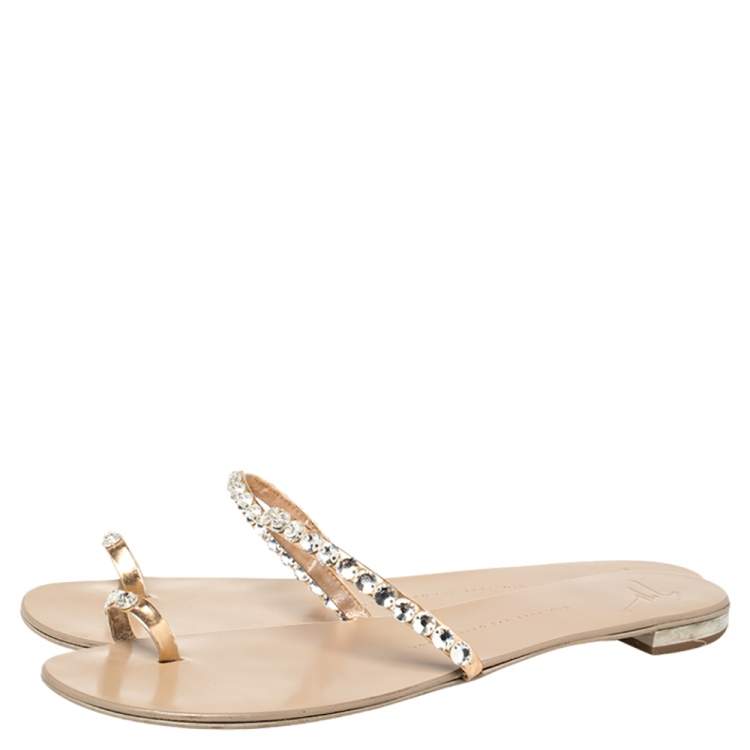 Pre Owned Giuseppe Zanotti Beige Leather Embellished Toe Ring Flat Sandals Size 41