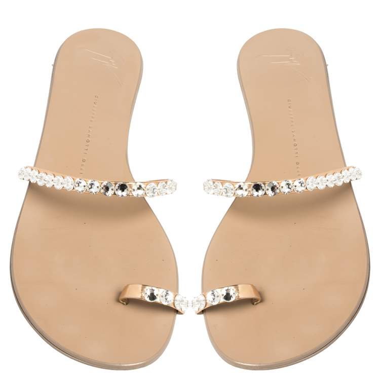 Pre Owned Giuseppe Zanotti Beige Leather Embellished Toe Ring Flat Sandals Size 41