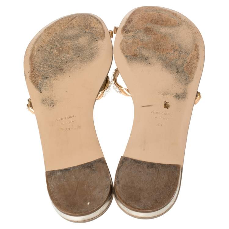 Pre Owned Giuseppe Zanotti Beige Leather Embellished Toe Ring Flat Sandals Size 41