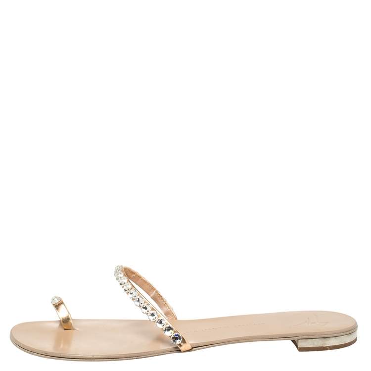 Pre Owned Giuseppe Zanotti Beige Leather Embellished Toe Ring Flat Sandals Size 41