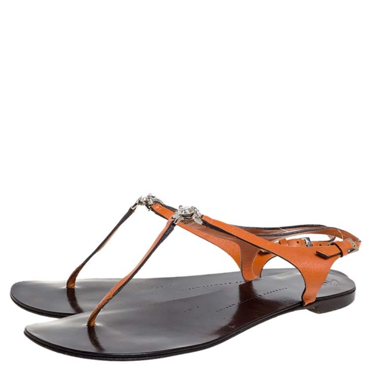 مملوكة مسبقًا Giuseppe Zanotti Orange Leather Crystal Embellished Thong Flats Size 41