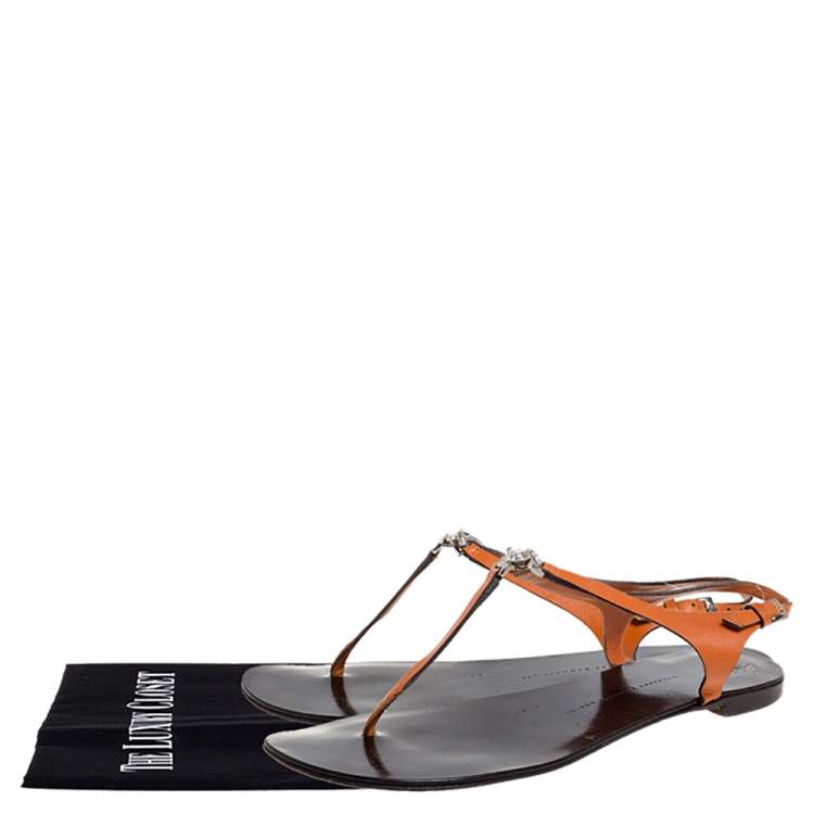 مملوكة مسبقًا Giuseppe Zanotti Orange Leather Crystal Embellished Thong Flats Size 41