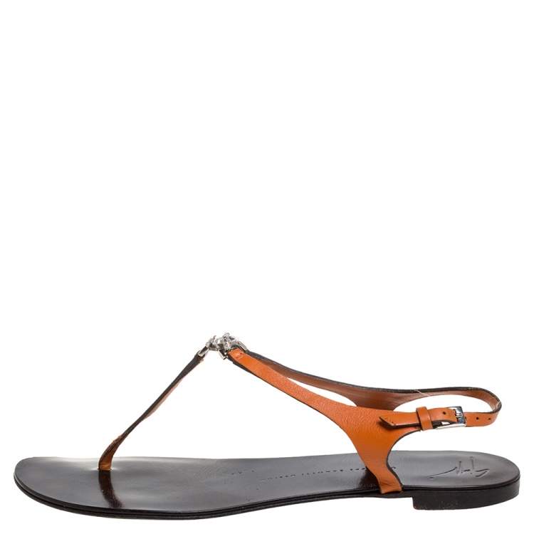 مملوكة مسبقًا Giuseppe Zanotti Orange Leather Crystal Embellished Thong Flats Size 41