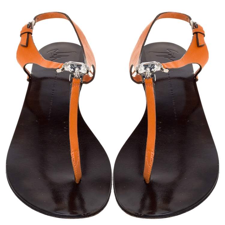 مملوكة مسبقًا Giuseppe Zanotti Orange Leather Crystal Embellished Thong Flats Size 41