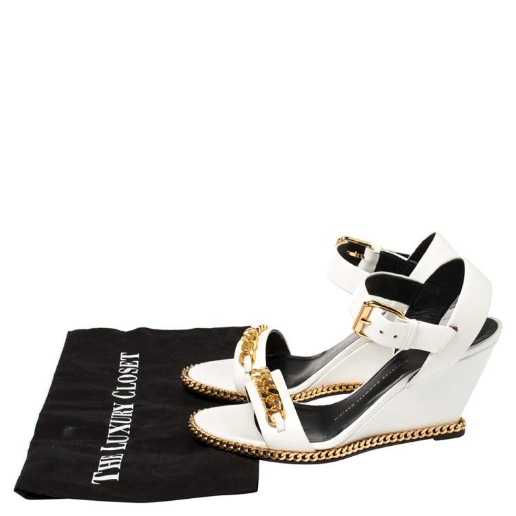 Pre Owned Giuseppe Zanotti White Leather Chain-Link Wedge Sandals Size 38