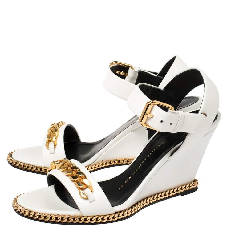 Pre Owned Giuseppe Zanotti White Leather Chain-Link Wedge Sandals Size 38