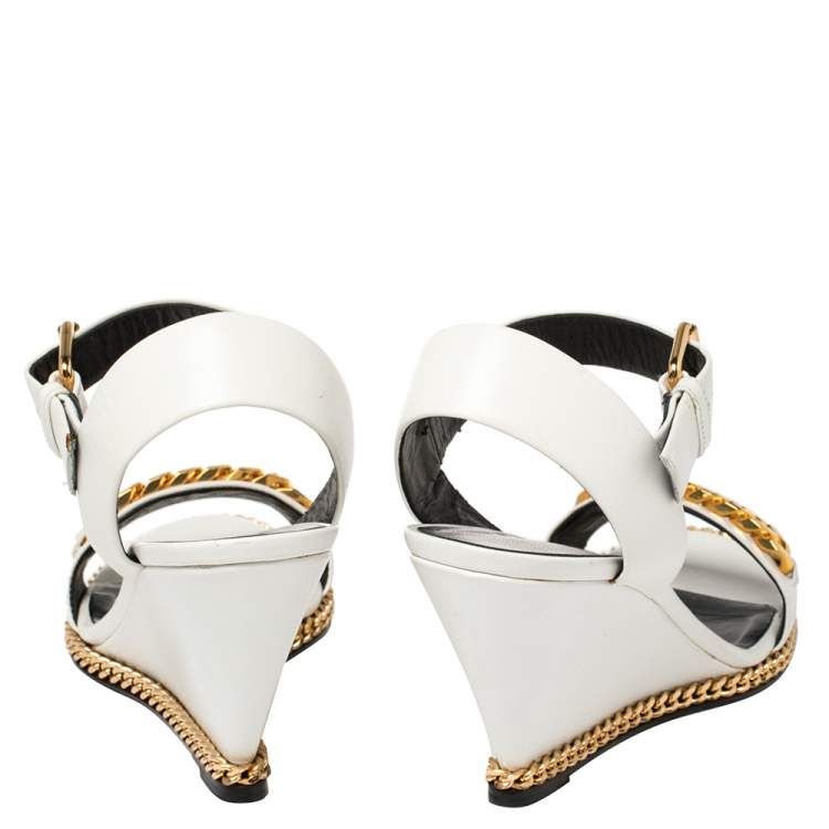 Pre Owned Giuseppe Zanotti White Leather Chain-Link Wedge Sandals Size 38