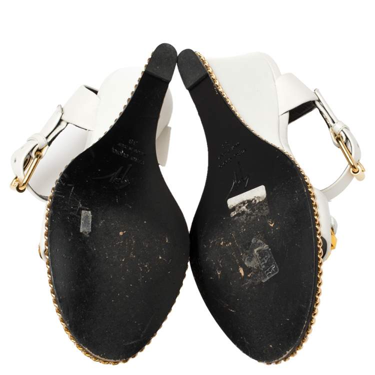 Pre Owned Giuseppe Zanotti White Leather Chain-Link Wedge Sandals Size 38