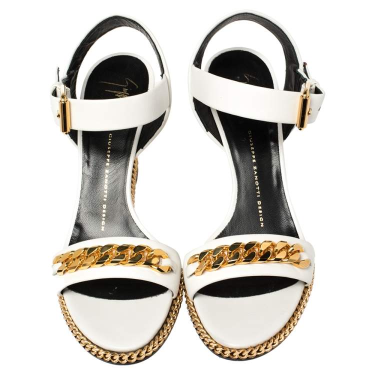 Pre Owned Giuseppe Zanotti White Leather Chain-Link Wedge Sandals Size 38