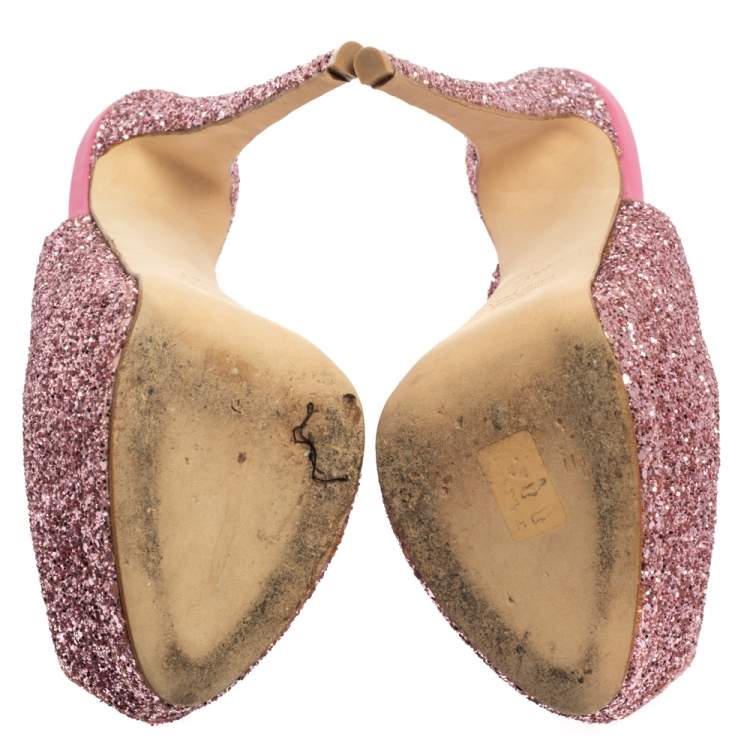 Pre Owned Giuseppe Zanotti Pink Glitter Fabric and Leather  Slingback  Peep Toe Sandals Size 39