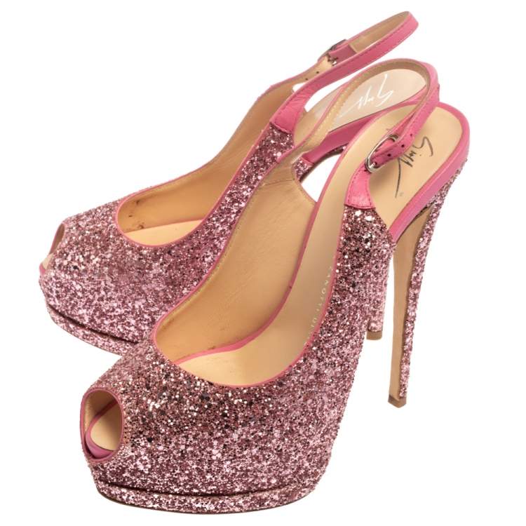 Pre Owned Giuseppe Zanotti Pink Glitter Fabric and Leather  Slingback  Peep Toe Sandals Size 39