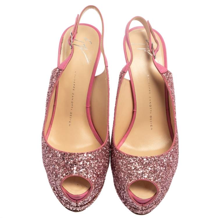 Pre Owned Giuseppe Zanotti Pink Glitter Fabric and Leather  Slingback  Peep Toe Sandals Size 39