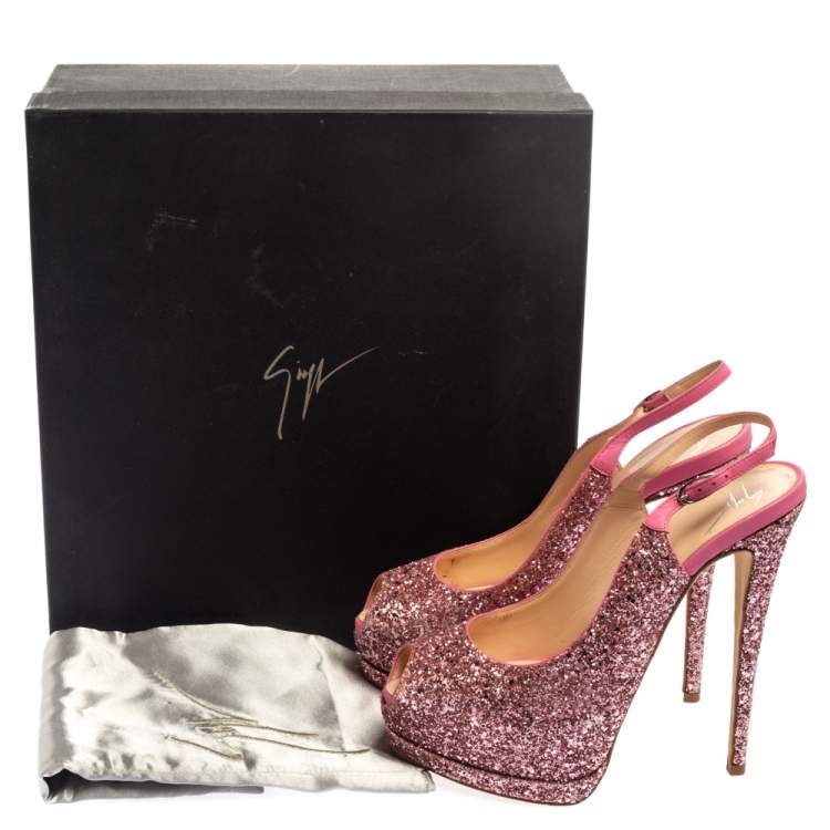 Pre Owned Giuseppe Zanotti Pink Glitter Fabric and Leather  Slingback  Peep Toe Sandals Size 39