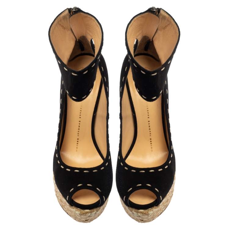 Pre Owned Giuseppe Zanotti Black Suede Espadrille Wedge Ankle Strap Peep Toe Pumps Size 37
