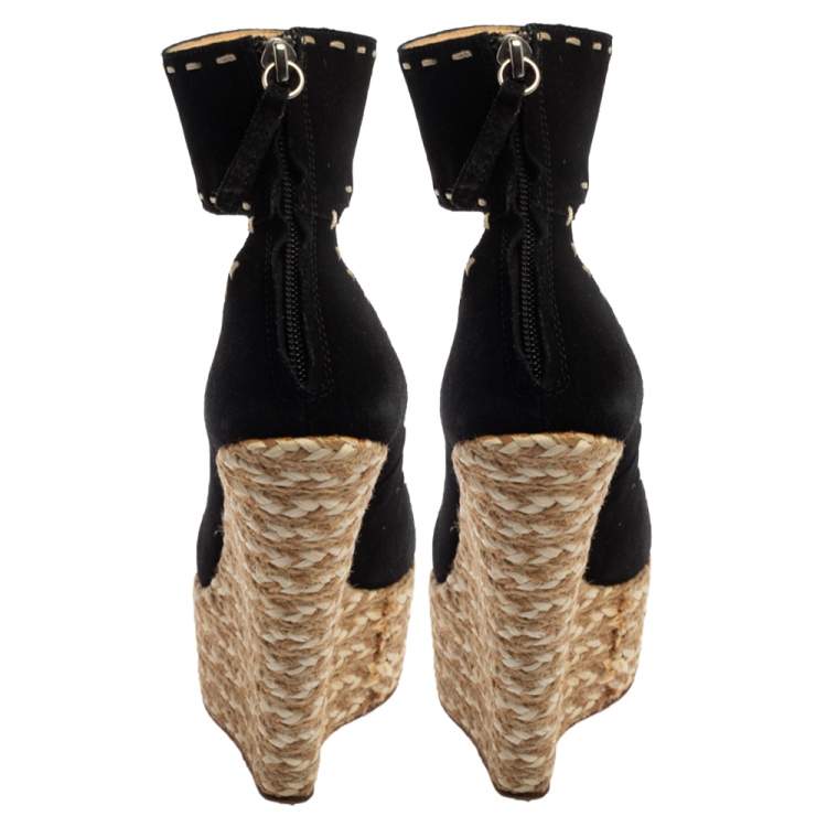 Pre Owned Giuseppe Zanotti Black Suede Espadrille Wedge Ankle Strap Peep Toe Pumps Size 37