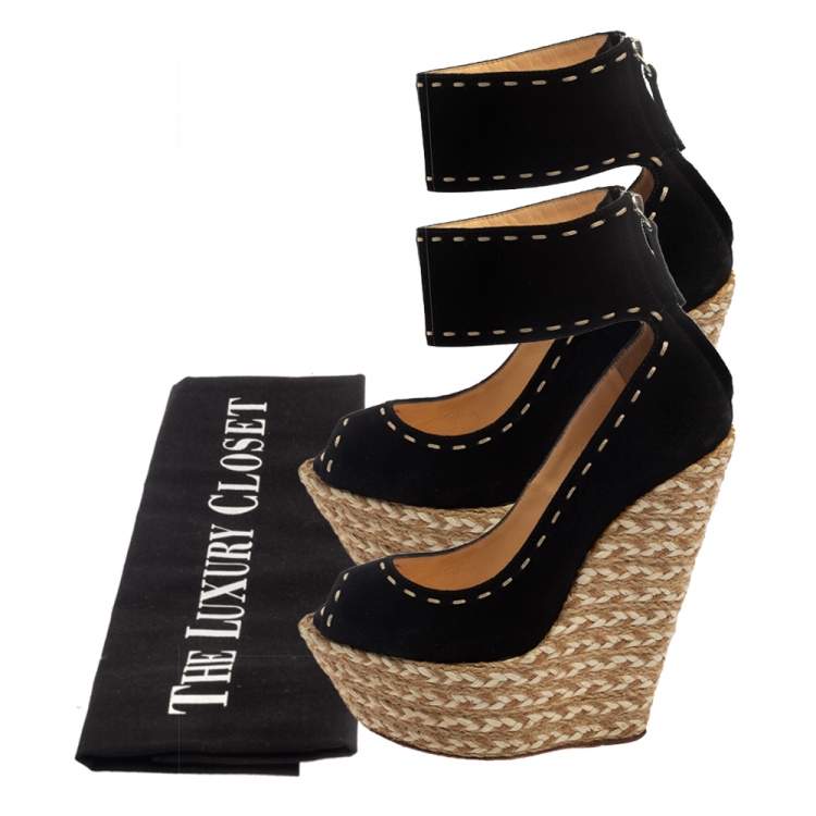 Pre Owned Giuseppe Zanotti Black Suede Espadrille Wedge Ankle Strap Peep Toe Pumps Size 37