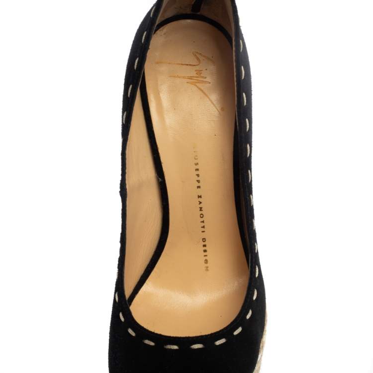 Pre Owned Giuseppe Zanotti Black Suede Espadrille Wedge Ankle Strap Peep Toe Pumps Size 37