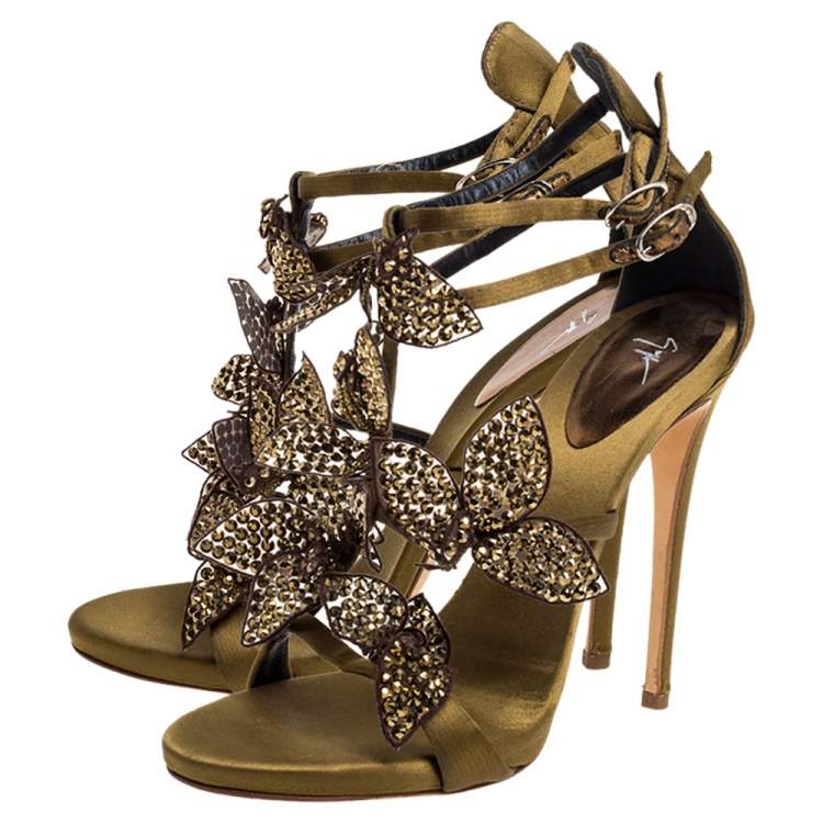 Pre Owned Giuseppe Zanotti Olive Green Satin Leaf Embellishment  Sandals Size 37