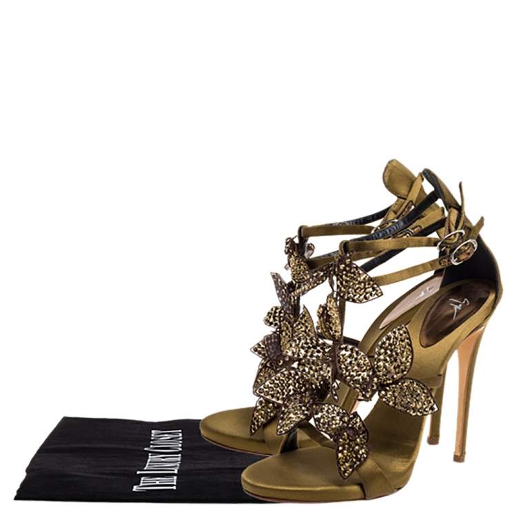 Pre Owned Giuseppe Zanotti Olive Green Satin Leaf Embellishment  Sandals Size 37