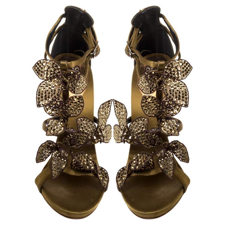 Pre Owned Giuseppe Zanotti Olive Green Satin Leaf Embellishment  Sandals Size 37