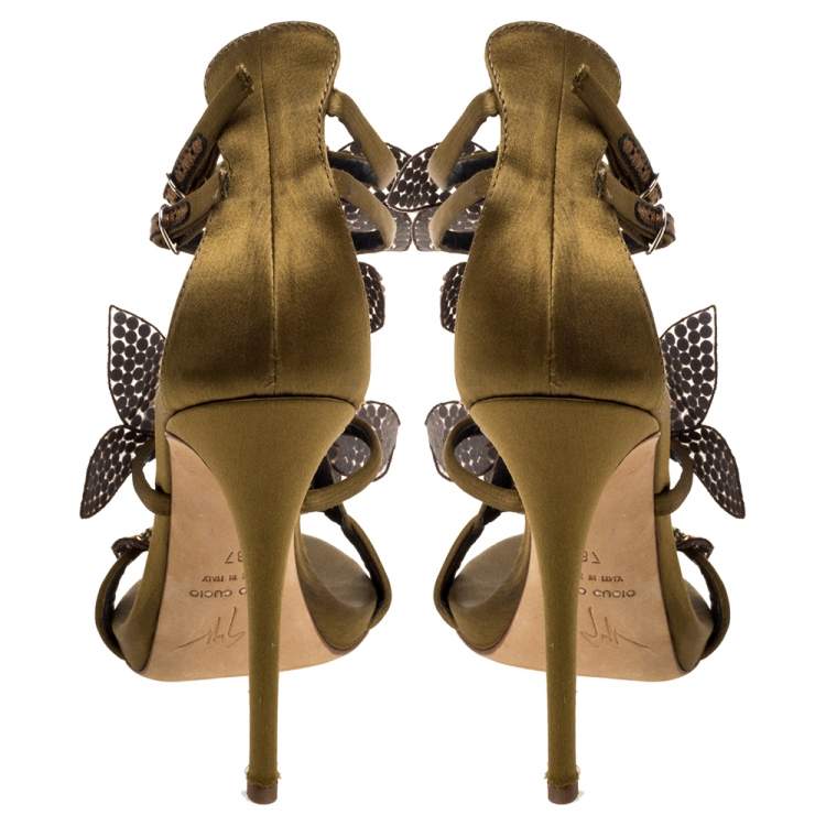Pre Owned Giuseppe Zanotti Olive Green Satin Leaf Embellishment  Sandals Size 37