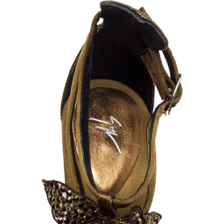 Pre Owned Giuseppe Zanotti Olive Green Satin Leaf Embellishment  Sandals Size 37