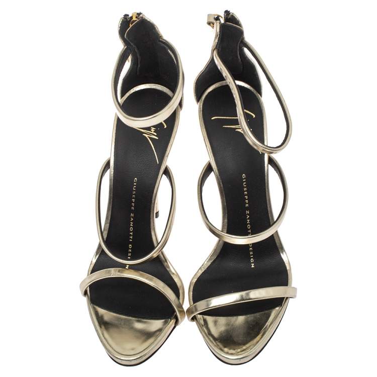 Pre Owned Giuseppe Zanotti Gold Foil Leather Harmony Strap Sandals Size 35