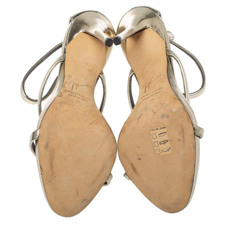 Pre Owned Giuseppe Zanotti Gold Foil Leather Harmony Strap Sandals Size 35