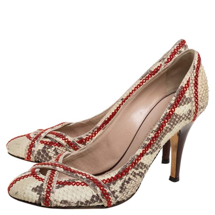 Pre Owned Giuseppe Zanotti Beige Python Effect Nubuck Leather  Stitch Detail Pumps Size 38