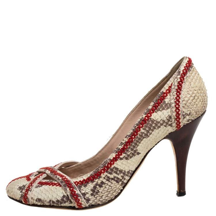 Pre Owned Giuseppe Zanotti Beige Python Effect Nubuck Leather  Stitch Detail Pumps Size 38