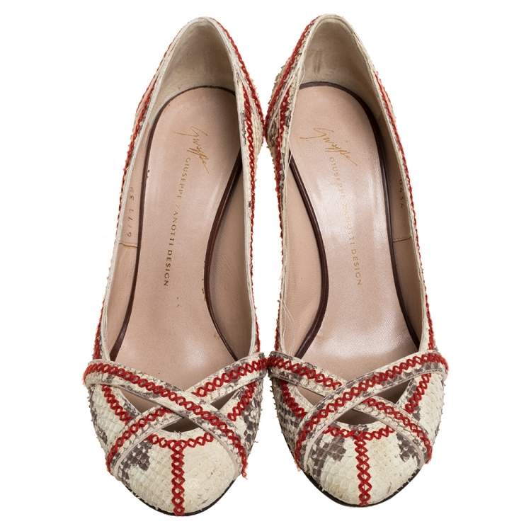 Pre Owned Giuseppe Zanotti Beige Python Effect Nubuck Leather  Stitch Detail Pumps Size 38