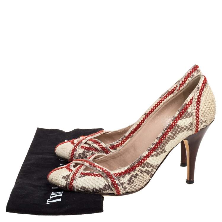 Pre Owned Giuseppe Zanotti Beige Python Effect Nubuck Leather  Stitch Detail Pumps Size 38