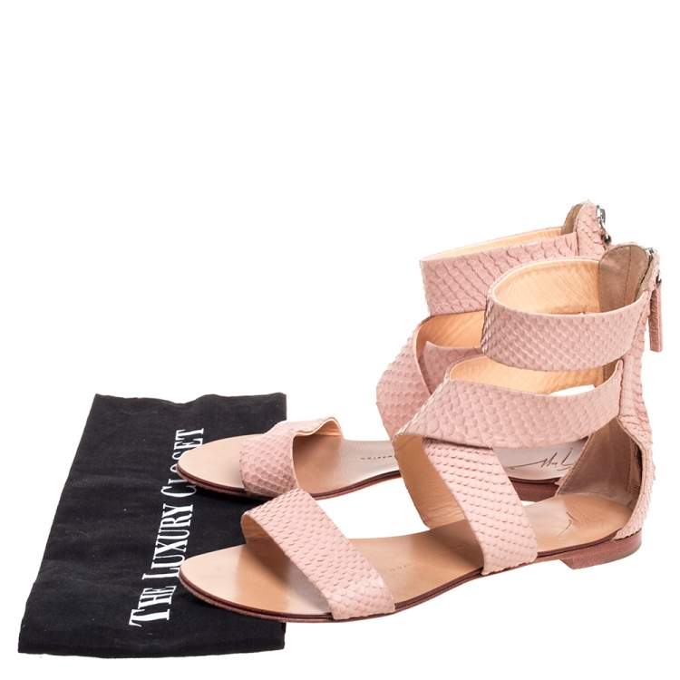 Pre Owned Giuseppe Zanotti Pink Python Embossed Leather Criss Cross Ankle Cuff Sandals Size 36.5