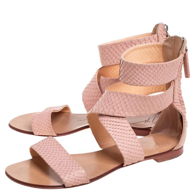 Pre Owned Giuseppe Zanotti Pink Python Embossed Leather Criss Cross Ankle Cuff Sandals Size 36.5