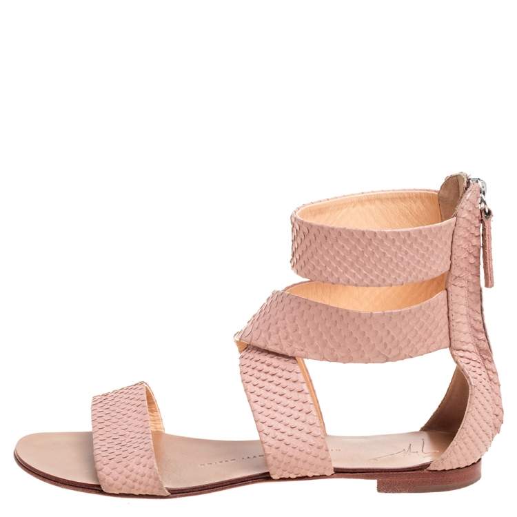 Pre Owned Giuseppe Zanotti Pink Python Embossed Leather Criss Cross Ankle Cuff Sandals Size 36.5